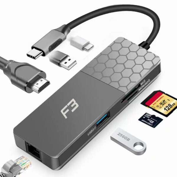 Hub Adaptador Type-c 7 em 1 Para HDMI - Type-c - USB 3.0 - Micro SD - SDe LAN 3