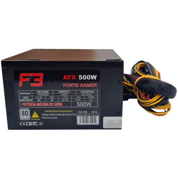 Fonte F3 ATX 500W 80 Plus com cabo de força 2